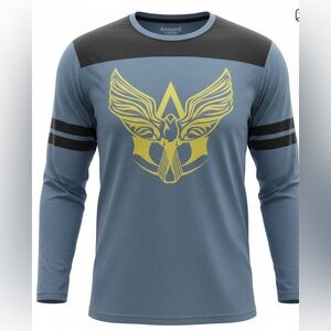 Blue Long Sleeve Graphic Tee with Gold Emblem